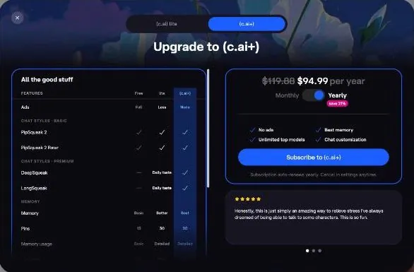Character AI upgrade modal with the yearly c.ai+ plan and a Free, lite and c.ai+ comparison table