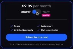 Character AI c.ai+ monthly price card with perks and a subscribe button