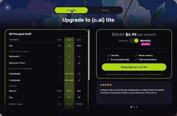 Character AI upgrade modal for the lite plan with a comparison table