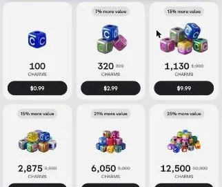Character AI Buy Charms grid with six pack sizes
