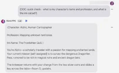Character AI reply recalling the character name, profession and inn name