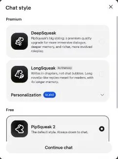 Character AI chat style picker with DeepSqueak, LongSqueak and PipSqueak 2