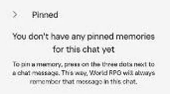 Character AI empty pinned memories panel with pinning instructions