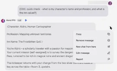 Character AI message menu with copy, remove, new chat, edit and report options