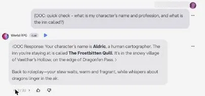Character AI rerolled reply with a swipe counter out of 30