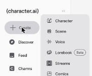 Character AI create menu with character, scene, voice, lorebook, streams and comics