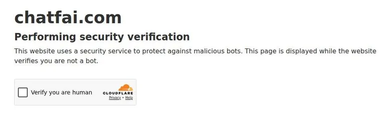 Cloudflare security verification page on chatfai.com with a Verify you are human checkbox
