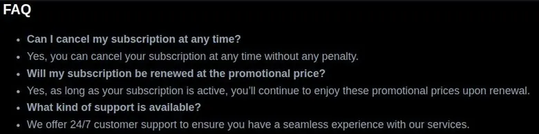 Pricing page FAQ about cancelling, renewal at the promotional price and 24/7 support