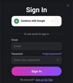 ChatUp AI sign-in window with a Google button and email and password fields