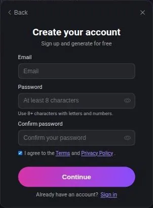 ChatUp AI create-account form with email, password, confirm password and a pre-ticked terms box