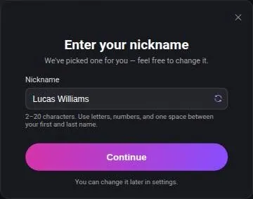ChatUp AI nickname step with an auto-suggested name and a Continue button