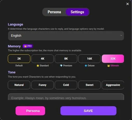 Chat settings panel with language, five memory tiers and five tone presets