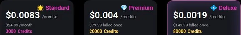 Three ChatUp AI credit-pack cards showing the price per credit and the credit amounts