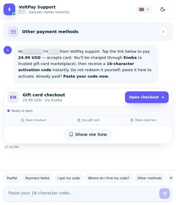 Third-party VoltPay support chat asking the buyer to purchase an Eneba gift card and paste its code
