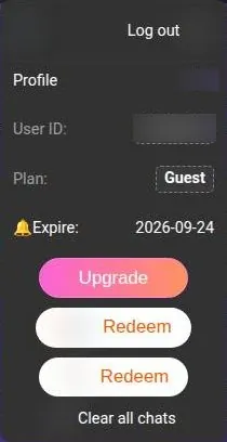 ChatUp AI profile menu showing a Guest plan, an expiry date, Upgrade and two Redeem buttons