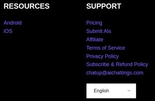 ChatUp AI footer with resource links and support links to terms, privacy and refund policy