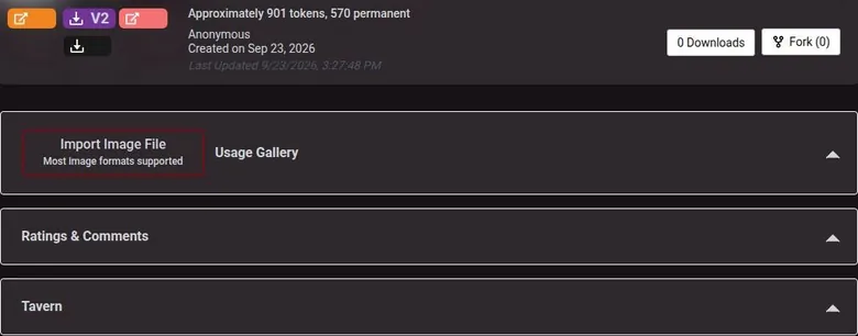 Chub character page with token count, V2 download, Fork button and collapsible panels