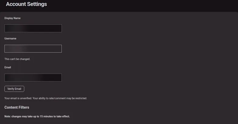 Chub account settings with display name, username and e-mail fields and a Verify Email button