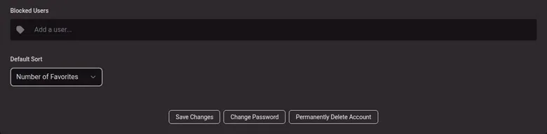 Chub account settings with blocked users, default sort and a Permanently Delete Account button
