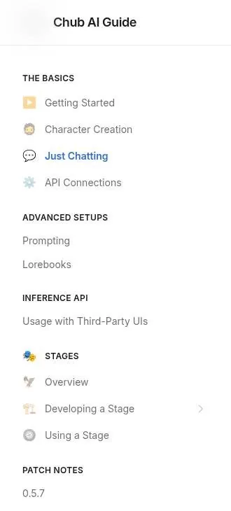Navigation menu of the official Chub AI Guide documentation