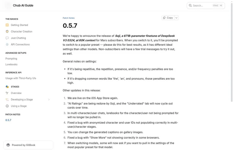 Chub patch notes 0.5.7 announcing the Soji model and other updates