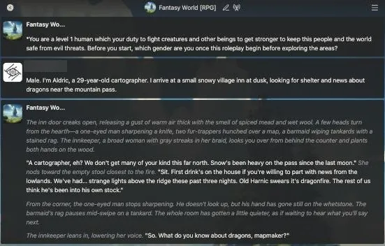 Chub chat window with a long roleplay reply set in a snowy mountain inn