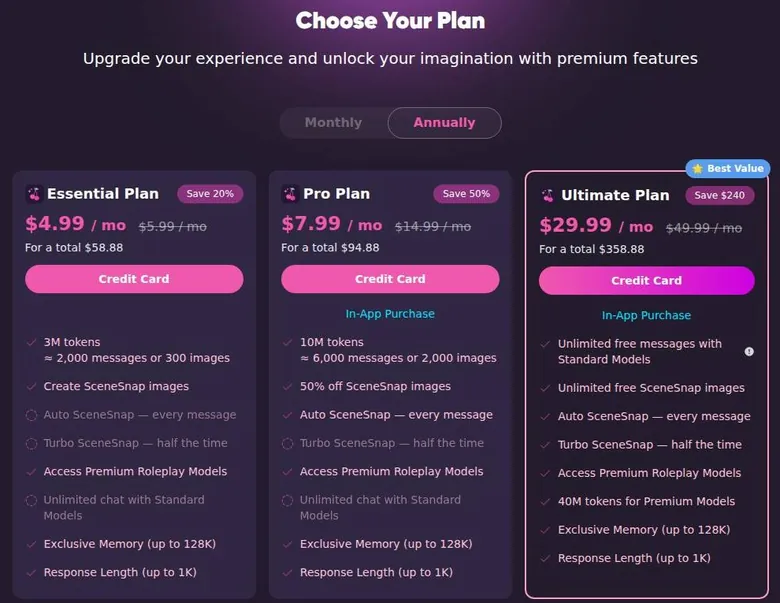 CraveU AI plan cards on the annual tab: Essential, Pro and Ultimate with token amounts and feature lists