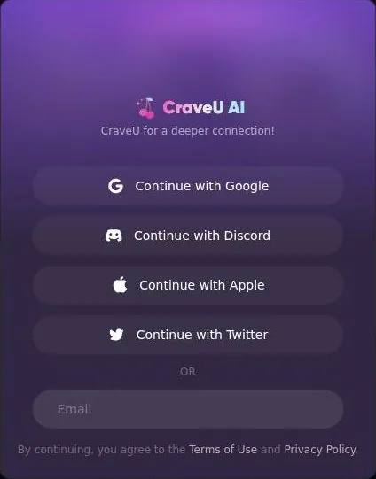 CraveU AI sign-in box with Google, Discord, Apple and Twitter buttons and an e-mail field