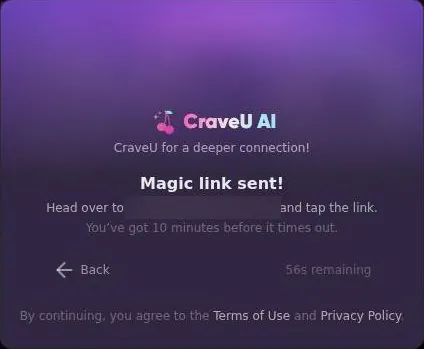 CraveU AI confirmation that a sign-in link was e-mailed, with a ten-minute expiry note