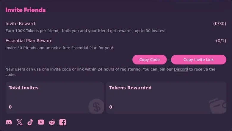 CraveU AI Invite Friends panel with referral rewards, invite code buttons and counters