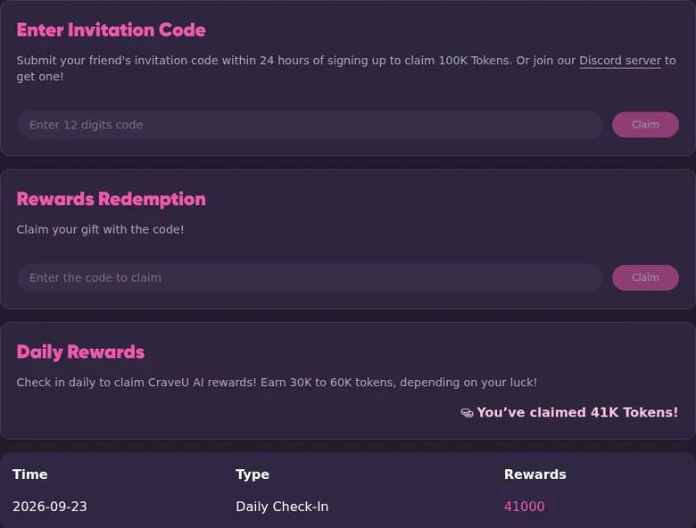 CraveU AI bonus page with invite code and gift code boxes and a claimed daily token reward