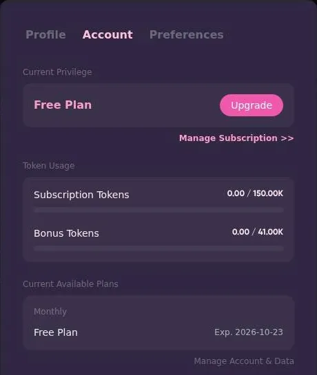 CraveU AI account settings with the free plan, subscription and bonus token counters