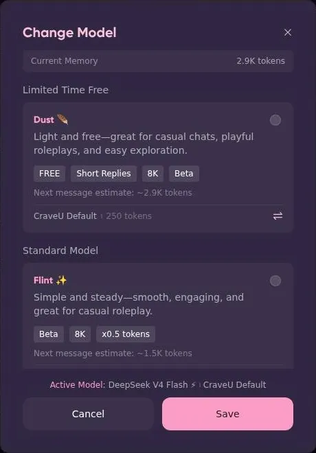 CraveU AI model picker listing models with context size, token multiplier and per-message estimate