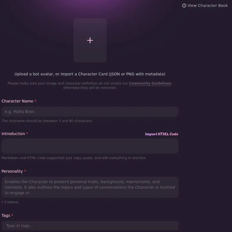 CraveU AI character creation form with card import, name, introduction, personality and tags fields