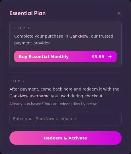 CraveU AI two-step checkout box: buy on GankNow, then redeem with a GankNow username