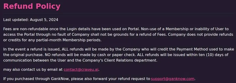 CraveU AI refund policy text dated August 5, 2024