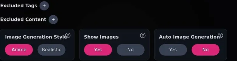 CrushChat account settings with excluded tags and content lists and image style, show and auto-generation switches
