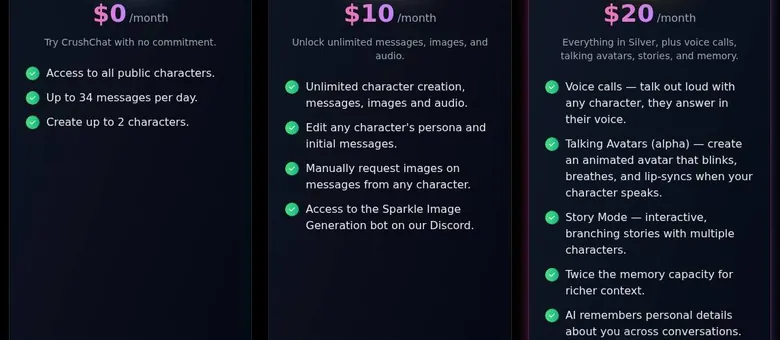 CrushChat pricing page with Free, Silver and Gold plan cards and their feature lists
