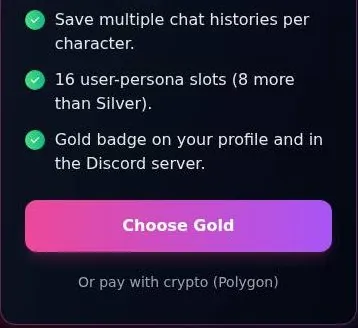 Bottom of the CrushChat Gold plan card with extra perks, a Choose Gold button and a crypto payment link