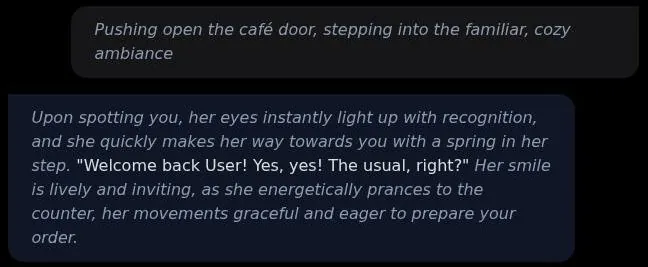 Opening of a CrushChat roleplay in a café, with italic narration and a quoted greeting