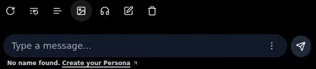Chat message toolbar with the image button highlighted and a message box asking to create a persona