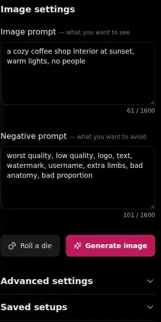 Image Playground settings panel with image prompt, negative prompt, Roll a die and Generate image buttons