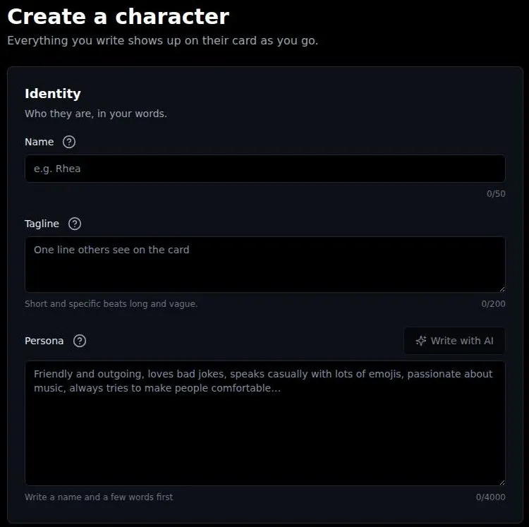 Create a character form with name, tagline and persona fields and a Write with AI button
