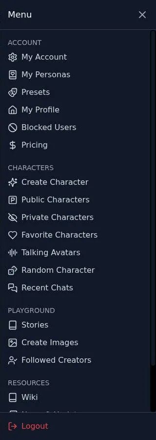 CrushChat side menu with account, characters, playground and resources sections