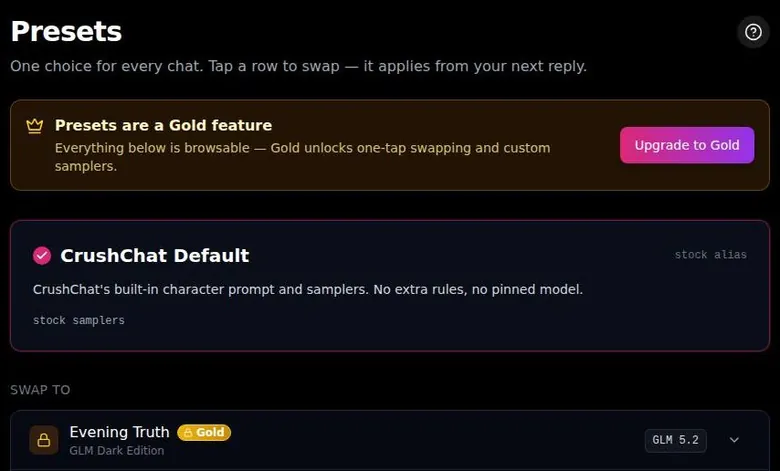 Presets page with a Gold feature notice, the default preset and a locked alternative preset