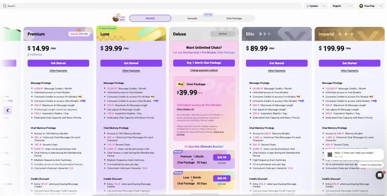 CrushOn AI monthly pricing cards from Premium to Imperial with a Chat Package offer in the middle
