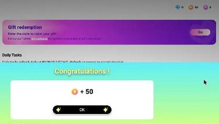 Congratulations dialog after claiming the daily check-in coin reward on CrushOn AI