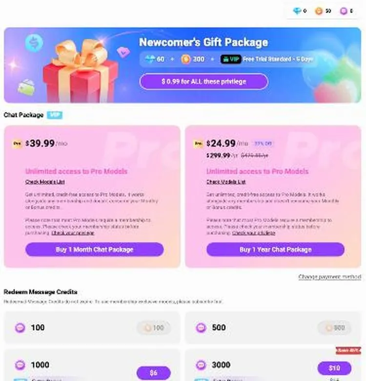 CrushOn AI store with the newcomer's gift package, Chat Package cards and message credit bundles