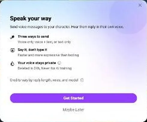 CrushOn AI voice messages popup with Get Started and Maybe Later buttons