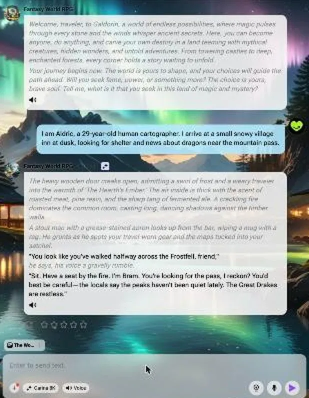Fantasy roleplay chat on CrushOn AI with a narrated reply about a snowy inn